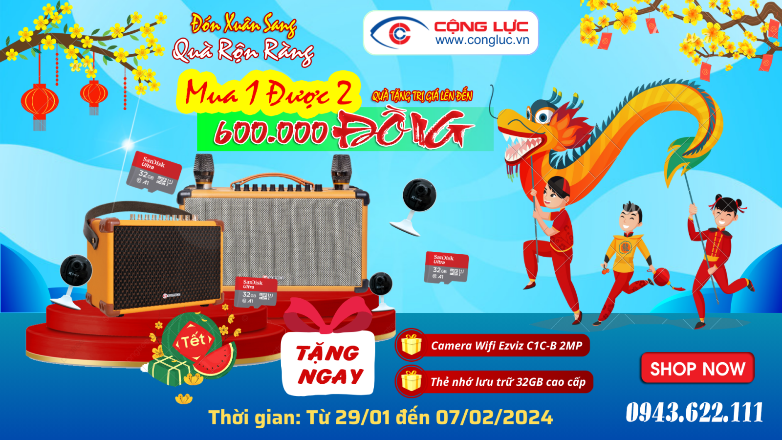 khuyến mãi tết giáp thìn 2024 mua loa Sumico tặng camera wifi ezviz C1C-B + thẻ nhớ 32GB