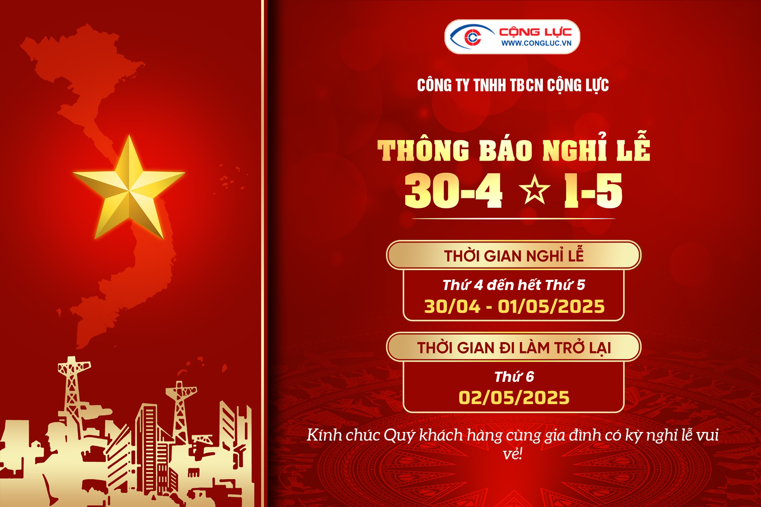 Công ty Cộng Lực Hải Phòng thông báo lịch nghỉ lễ 30/04 & 01/05/2025