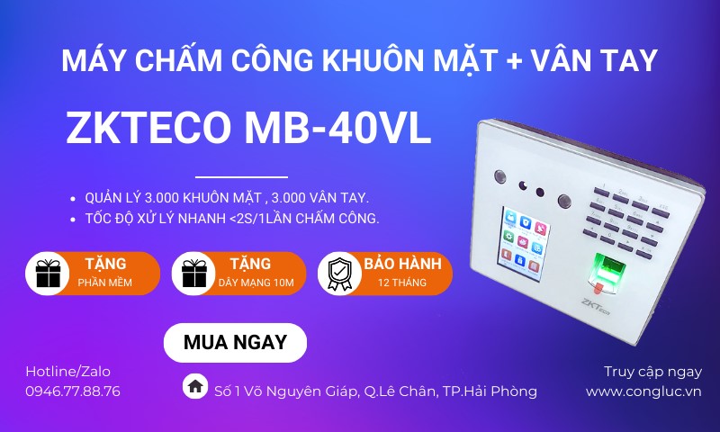 bán và lắp máy chấm công khuôn mặt zkteco mb-40vl chính hãng giá rẻ nhất hải phòng