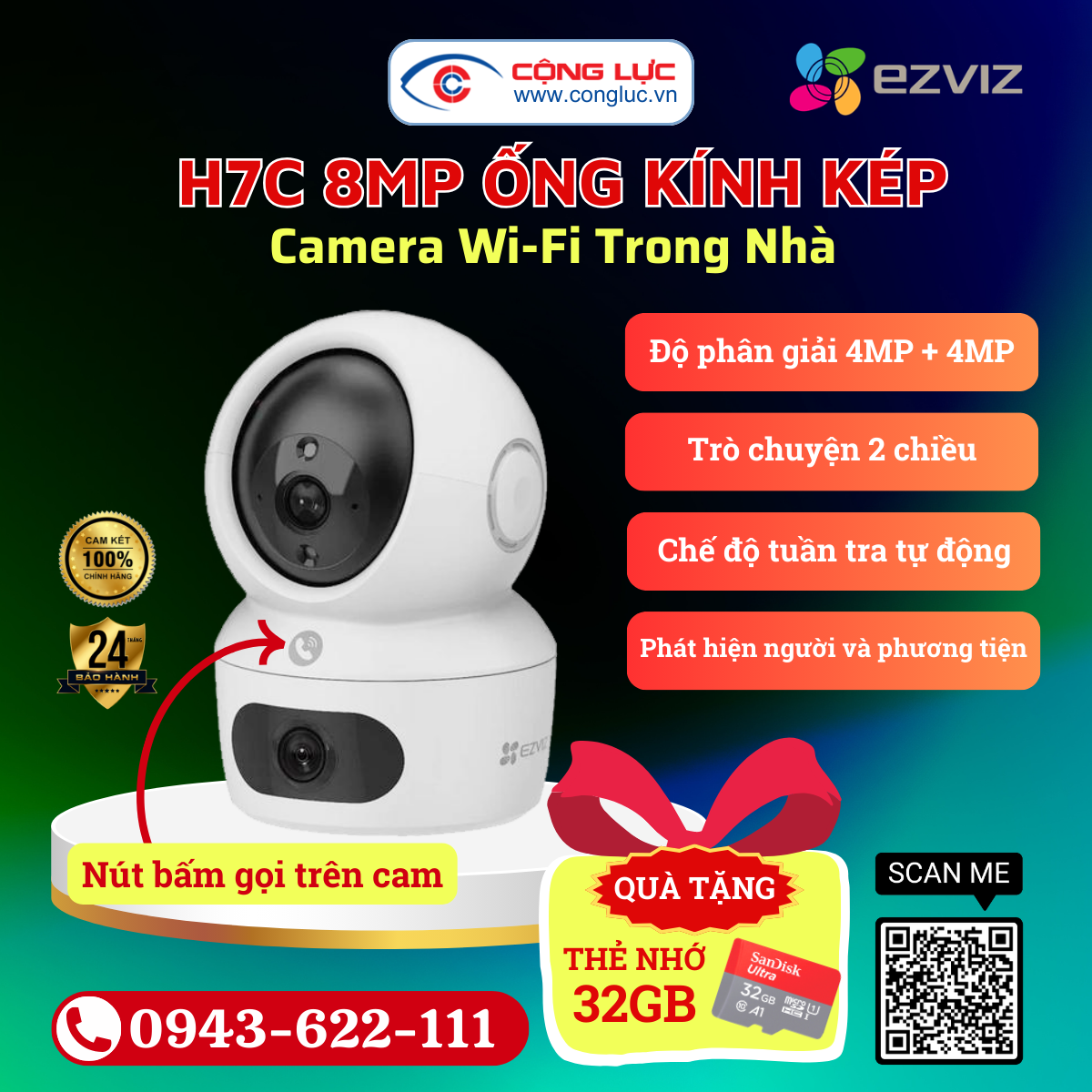 Camera Wifi Ống Kính Kép Ezviz H7C 8MP