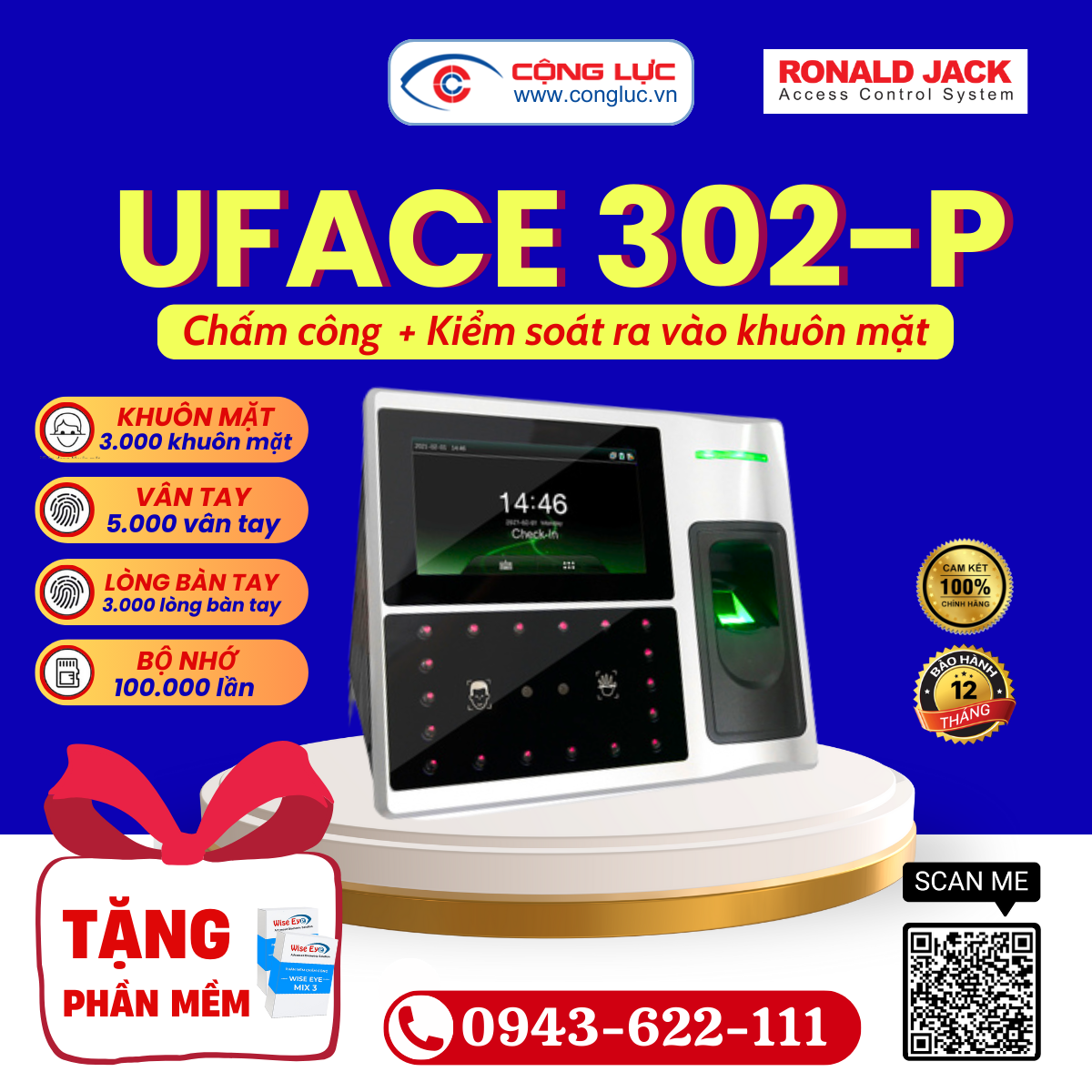 Máy Chấm Công Khuôn Mặt + Vân Tay + Lòng Bàn Tay Ronald Jack UFACE 302-P