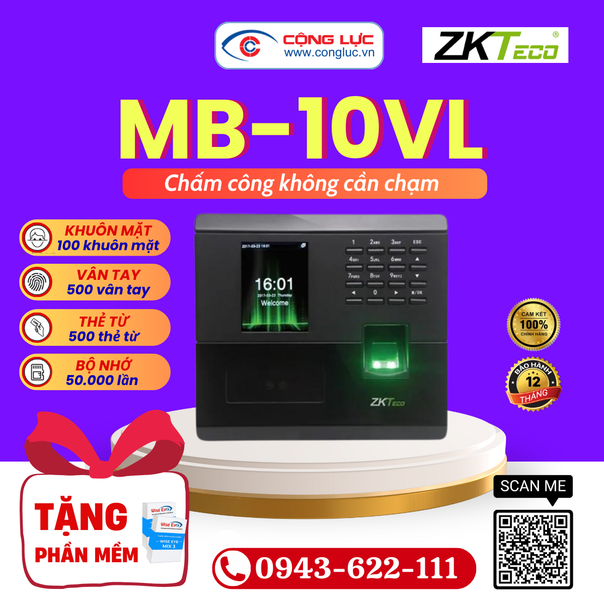 Máy Chấm Công Khuôn Mặt ZKteco MB-10VL