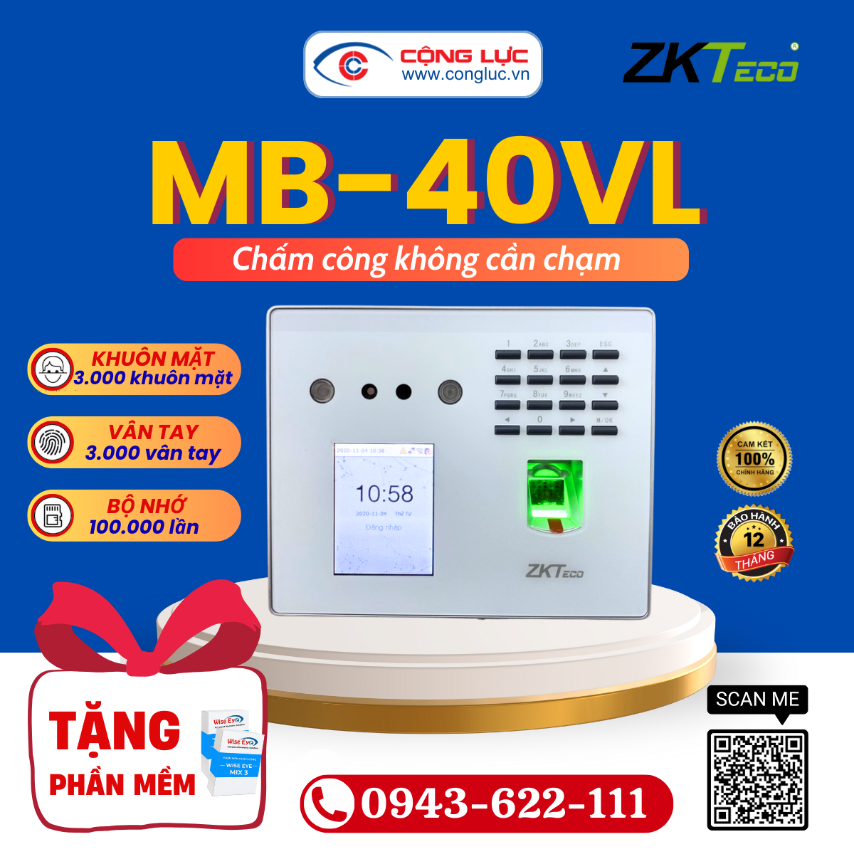 Máy Chấm Công Khuôn Mặt Zkteco MB40-VL