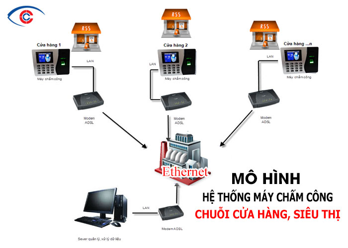 Mô hình hệ thống máy chấm công chuỗi cửa hàng siêu thị