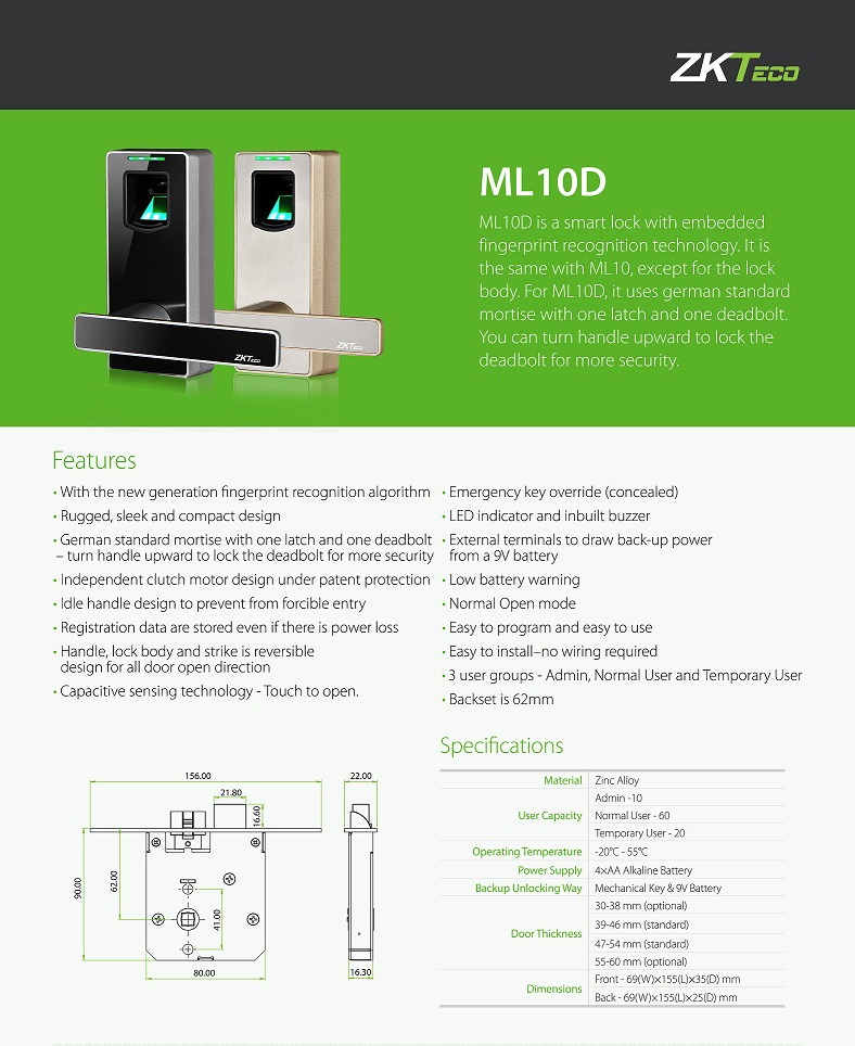 thông số kỹ thuật khóa cửa vân tay zkteco ml10d